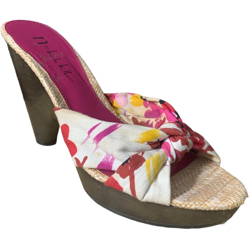 Nicole Miller Open tor White and Fuchsia Platform Slide Shoes Size 8.